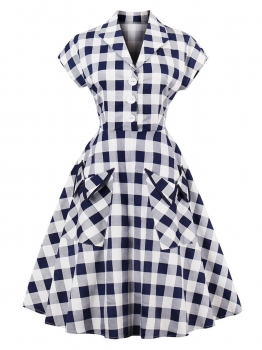 

Women 1950s Vintage Style Shawl Short Sleeve Large Pockets Plaid Swing Party Dress, Multicolor