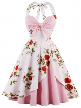 

Women 1950s Vintage Style Halter Floral Big Bow Swing Party Dress, Multicolor