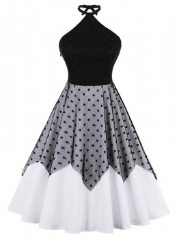 

Women Elegant Halter Dot Lace Backless Swing Party Dress, Multicolor