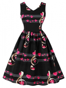 

Women Fashion V-Neck Sleeveless Music Note Printing Swing Party Dress, Multicolor