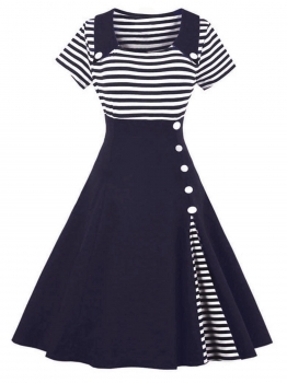 

Blue Women 1950s Vintage Style Short Sleeve Striped Patchwork Swing Party Dress, Multicolor