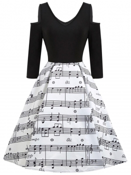 

Women Fashion Trendy Style Note Print Patchwork Cold Shoulder Swing Dress, Multicolor