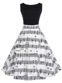 

Women Fashion Trendy Style Note Print Patchwork Round Neck Swing Dress, Multicolor