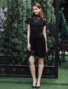 

Black Lace Patchwork Short Sleeve Front Slit Elegant Party Dress, Multicolor