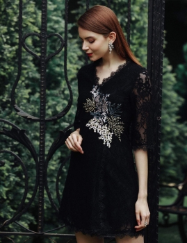 

Black Floral Lace Embroidery Half Sleeve Short Dress, Multicolor