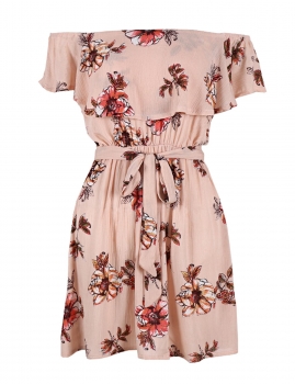 

Sleeveless Off The Shoulder Print Belted Elastic Dress, Multicolor