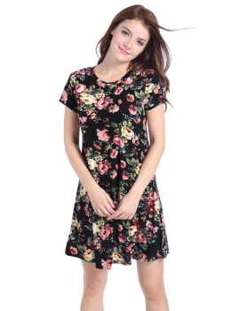 

Black Short Sleeve O Neck Floral Shift Casual Dress, Multicolor