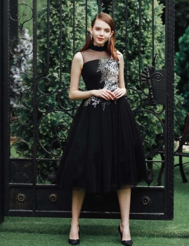 

Sleeveless Stand Collar Beading Mesh Embroidery A-Line Party Dress, Multicolor
