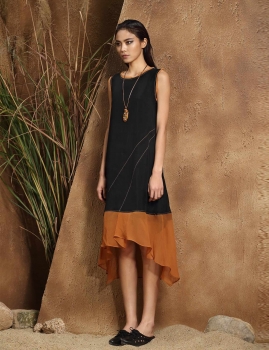 

Black Sleeveless Crew Mid-Calf Patchwork Loose Dress, Multicolor