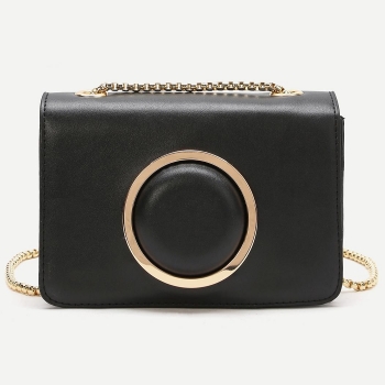 

Solid Color Flap Closure Shoulder Bag with Chain, Black
