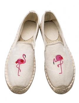 

Beige Flamingo Embroidery Slip-On Canvas Espadrille Flats, Multicolor