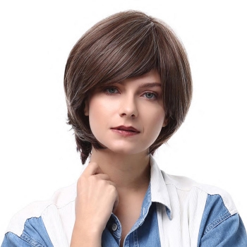 

Brown White Mix Short Smooth Wave Synthetic Wig with Bangs, White and brown