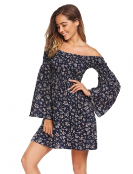 

Blue Floral Off the Shoulder Flare Sleeve Mini Pleated Slim Dress, Multicolor