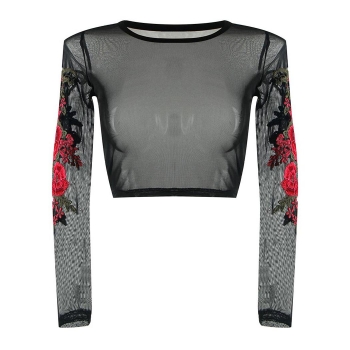 

Women Sexy Long Sleeve Embroidery Appliques Transparent T-Shirt Tops, Multicolor