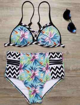 

Floral Padded Wire Free High Waist Bikini Set, Multicolor